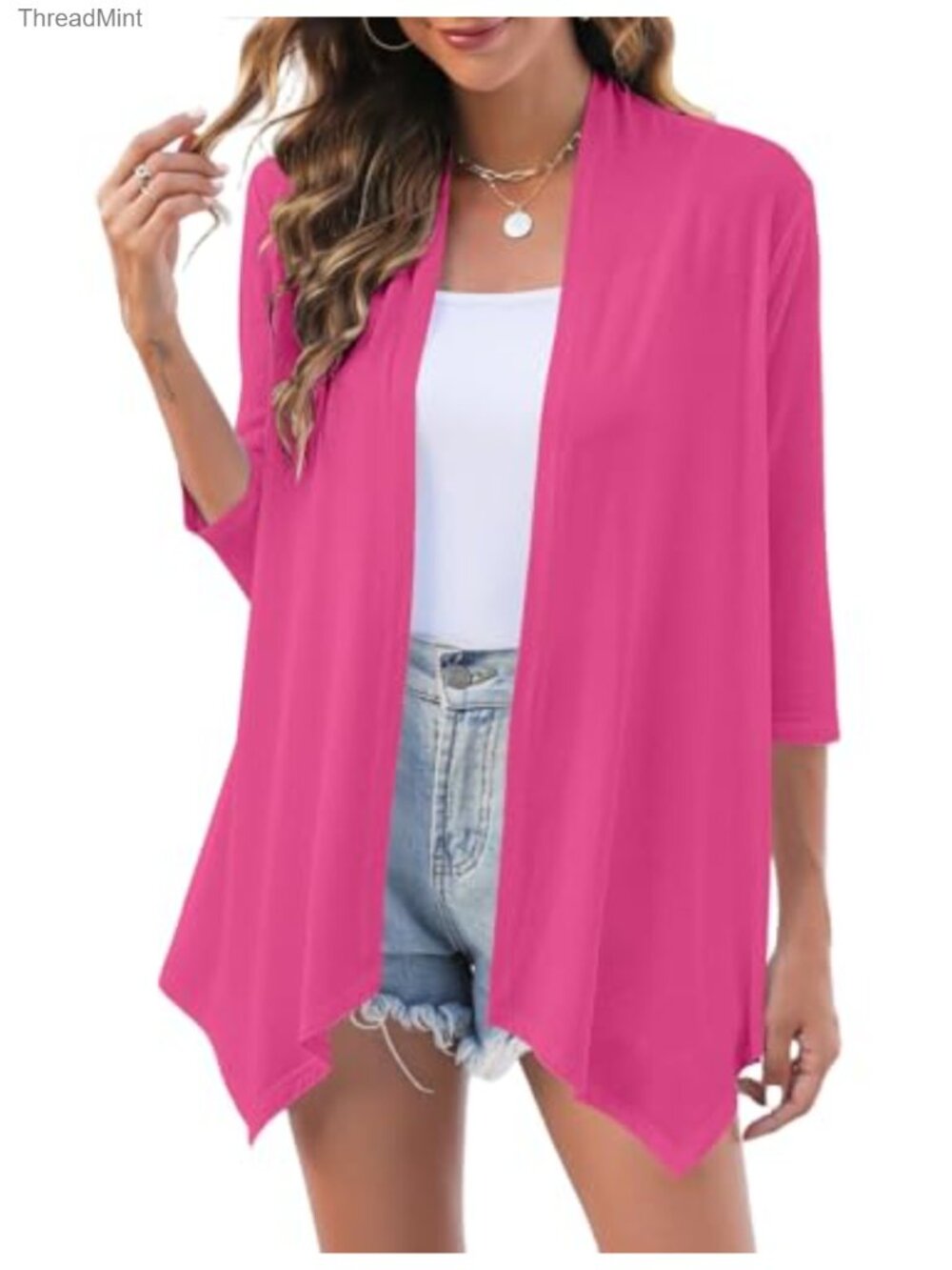 Lightweight Open Front Draped 3/4 Sleeve Cardigan